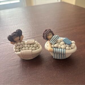 Vtg 1993 Polymer Clay Bath time Bubbles Boy & Girl Figurines; Set Of 2